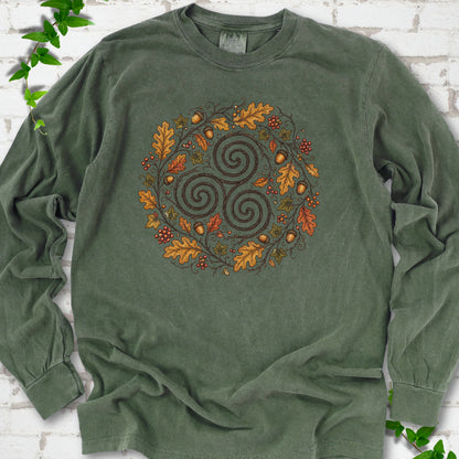 Hemp Comfort Colors® long sleeve T-shirt flat lay with a Celtic-inspired triskele and autumn oak wreath design.