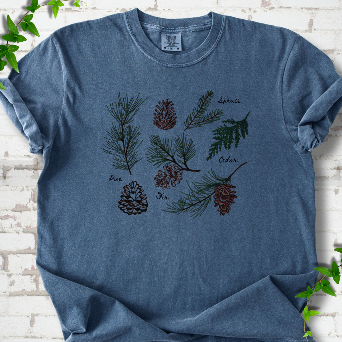 Denim Comfort Colors® T-shirt shown flat with a botanical chart of pine, spruce, cedar and fir cones and needles