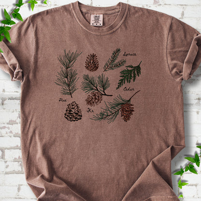 Espresso Comfort Colors® T-shirt shown flat with a botanical chart of pine, spruce, cedar and fir cones and needles
