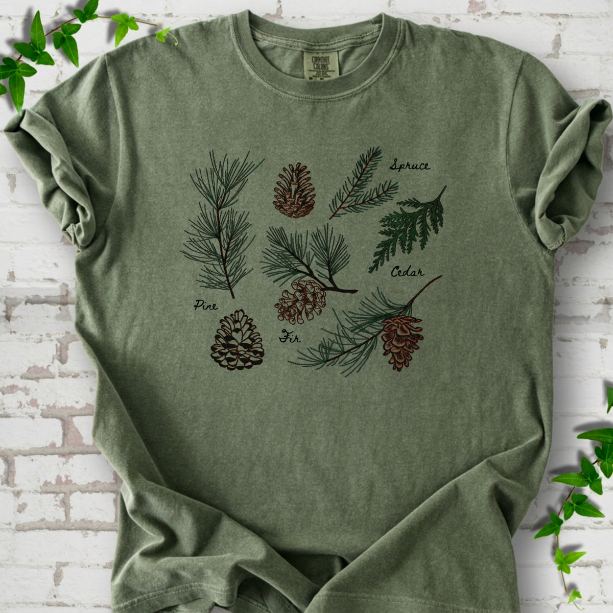 Moss Comfort Colors® T-shirt shown flat with a botanical chart of pine, spruce, cedar and fir cones and needles