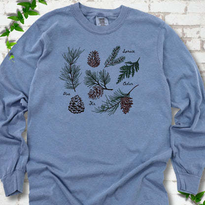 Blue Jean Comfort Colors® long sleeve T-shirt shown flat with a botanical chart of pine, spruce, cedar and fir cones and needles