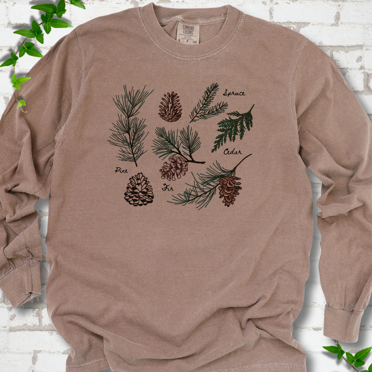 Espresso Comfort Colors® long sleeve T-shirt shown flat with a botanical chart of pine, spruce, cedar and fir cones and needles