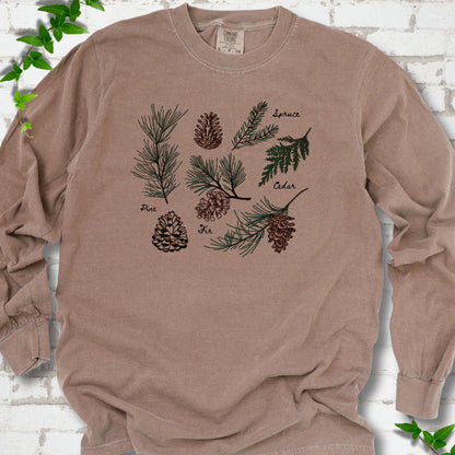 Espresso Comfort Colors® long sleeve T-shirt shown flat with a botanical chart of pine, spruce, cedar and fir cones and needles