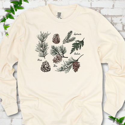 Ivory Comfort Colors® long sleeve T-shirt shown flat with a botanical chart of pine, spruce, cedar and fir cones and needles