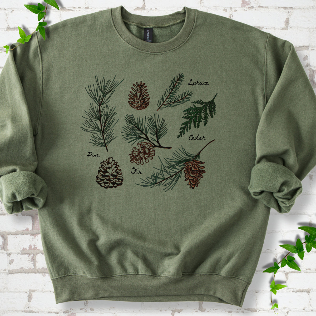 Military Green classic sweatshirt shown flat with a botanical chart of pine, spruce, cedar and fir cones and needles
