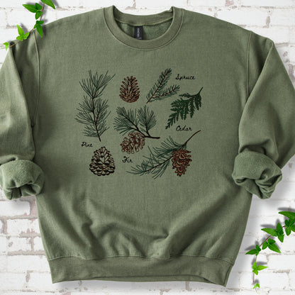 Military Green classic sweatshirt shown flat with a botanical chart of pine, spruce, cedar and fir cones and needles