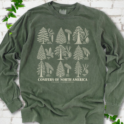 Hemp long sleeve tee laid flat, showing cream illustrations of nine labeled trees with needles and cones above "Conifers of North America".
