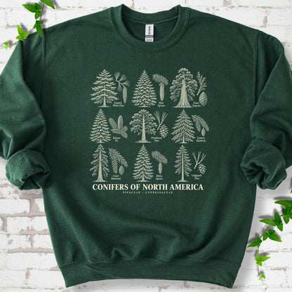 Forest Green classic sweatshirt laid flat, showing cream illustrations of nine labeled trees with needles and cones above "Conifers of North America".