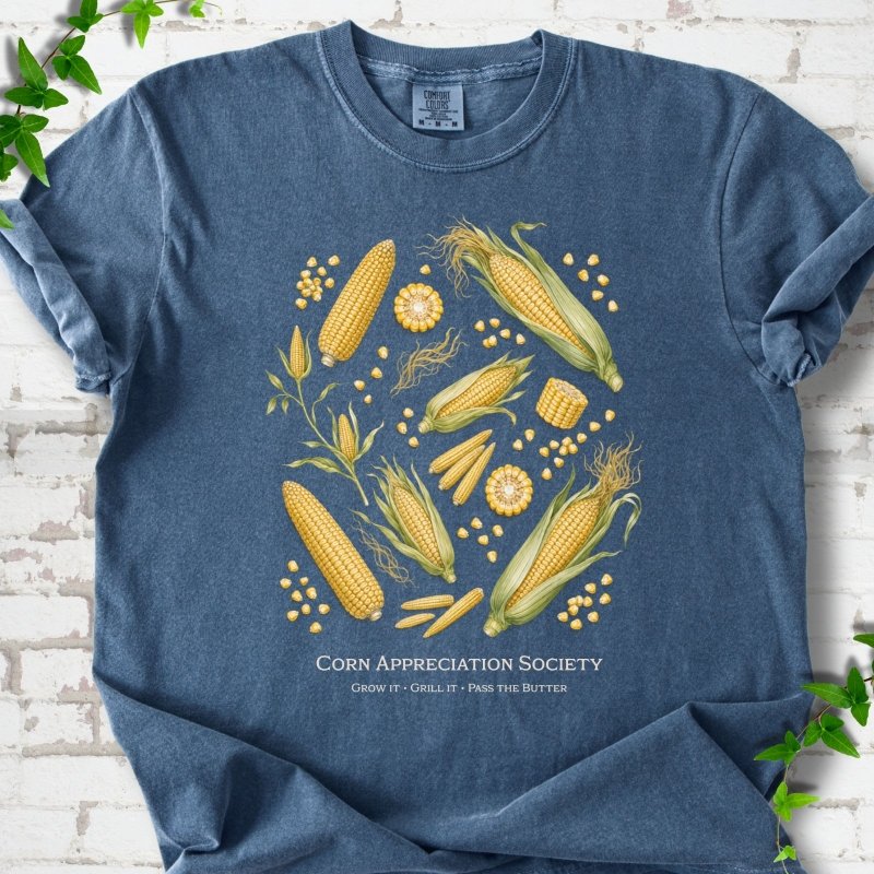 Denim Comfort Colors® short sleeve T-shirt flat lay featuring ears, kernels and corn plants with text "Corn Appreciation Society" and "Grow it, grill it, pass the butter"