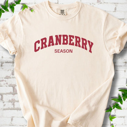 Ivory Comfort Colors® T-shirt with red collegiate-style Cranberry Season lettering