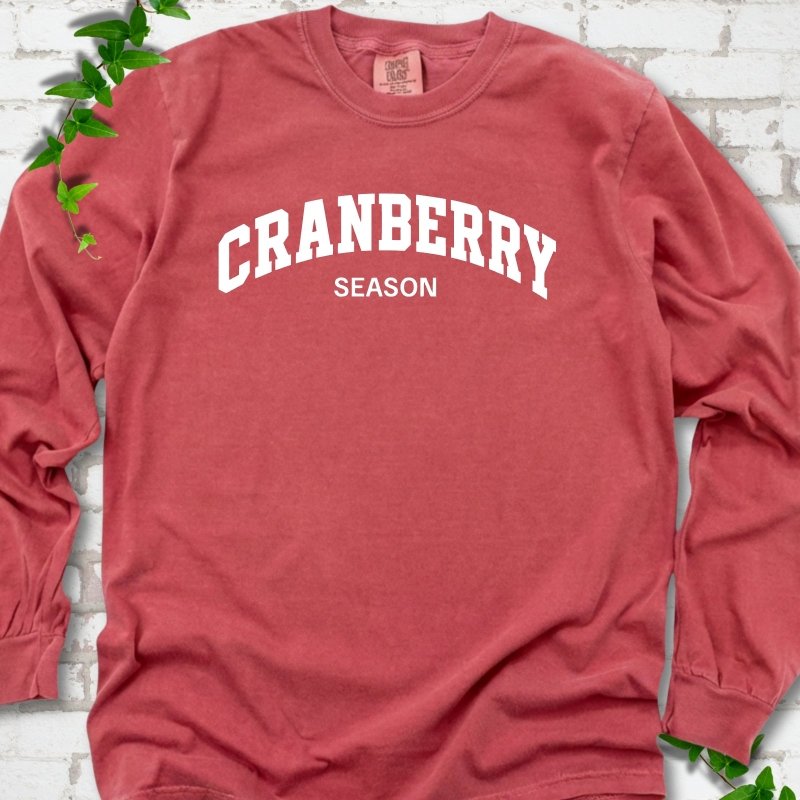Crimson Comfort Colors® long sleeve T-shirt with white collegiate-style Cranberry Season lettering