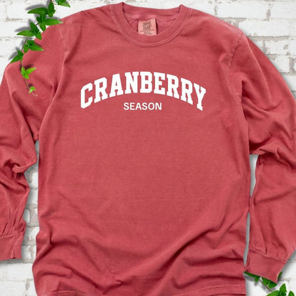 Crimson Comfort Colors® long sleeve T-shirt with white collegiate-style Cranberry Season lettering