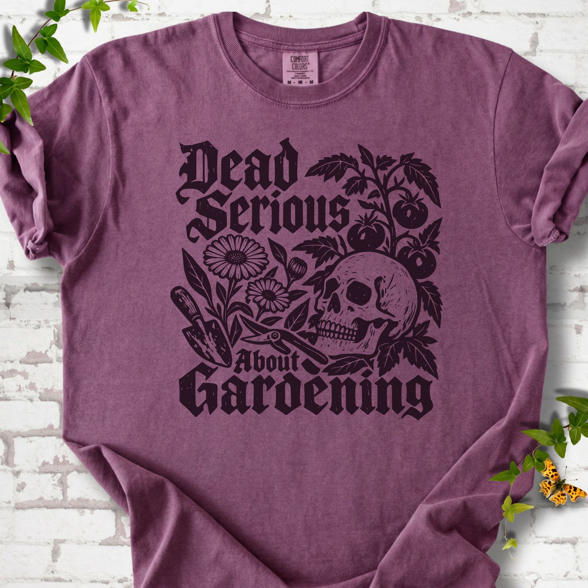 Berry Comfort Colors® T-shirt with cream Dead Serious About Gardening graphic