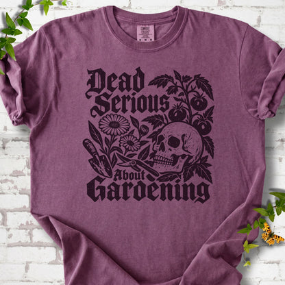 Berry Comfort Colors® T-shirt with cream Dead Serious About Gardening graphic