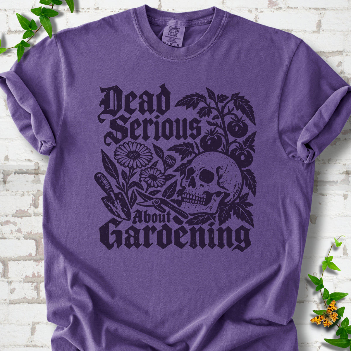 Grape Comfort Colors® T-shirt with cream Dead Serious About Gardening graphic