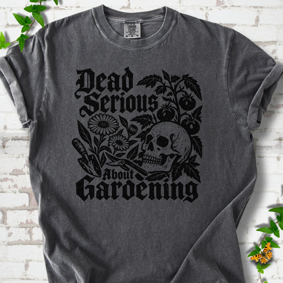Pepper Comfort Colors® T-shirt with cream Dead Serious About Gardening graphic