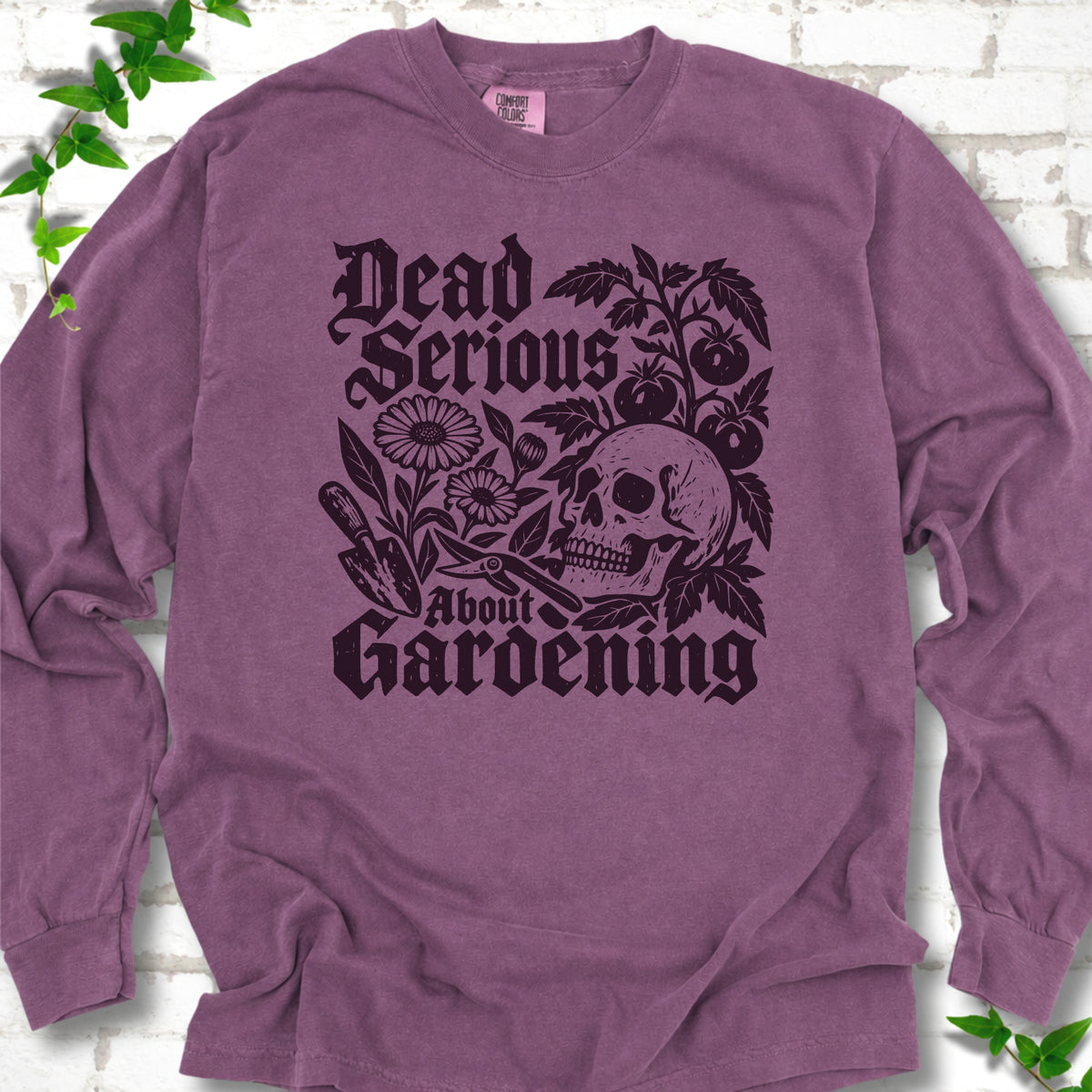 Berry Comfort Colors® long sleeve T-shirt with cream Dead Serious About Gardening graphic