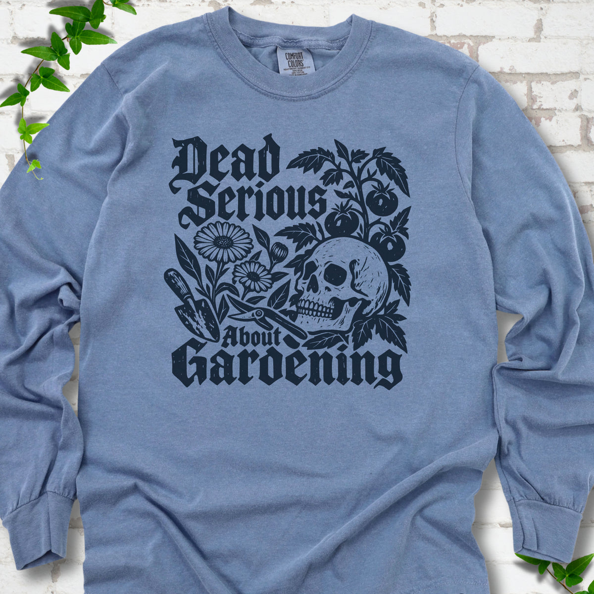 Blue Jean Comfort Colors® long sleeve T-shirt with cream Dead Serious About Gardening graphic