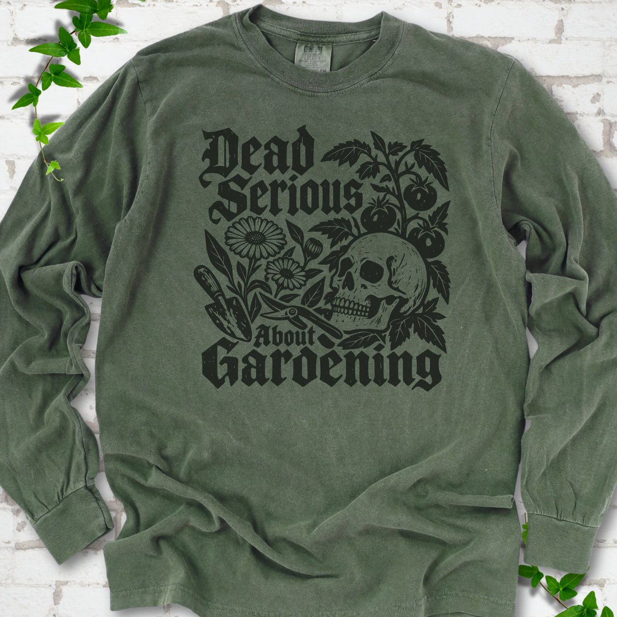 Hemp Comfort Colors® long sleeve T-shirt with cream Dead Serious About Gardening graphic