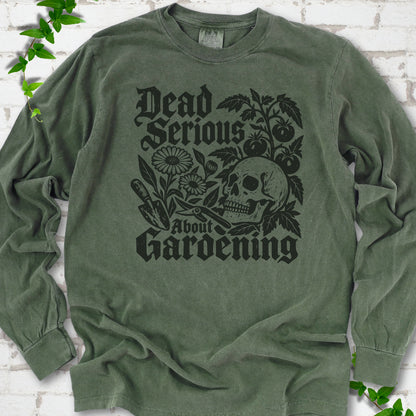 Hemp Comfort Colors® long sleeve T-shirt with cream Dead Serious About Gardening graphic