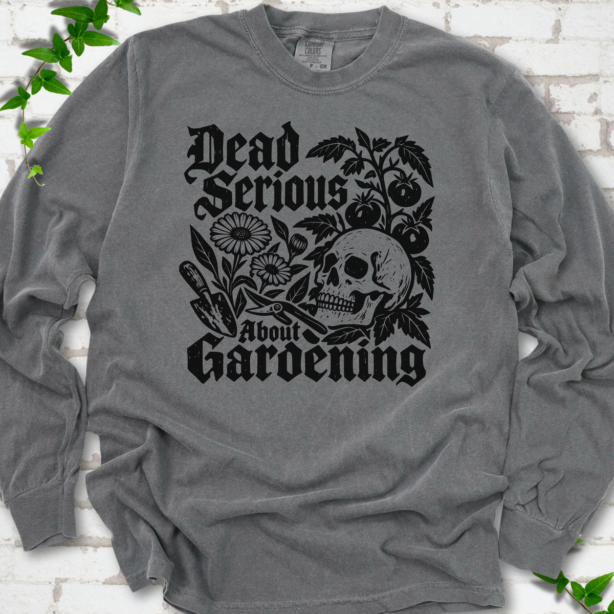 Pepper Comfort Colors® long sleeve T-shirt with cream Dead Serious About Gardening graphic