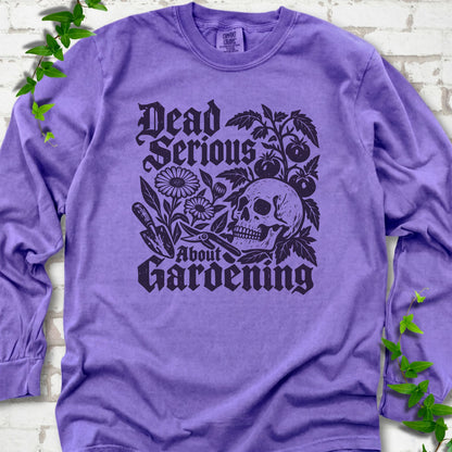 Violet Comfort Colors® long sleeve T-shirt with cream Dead Serious About Gardening graphic