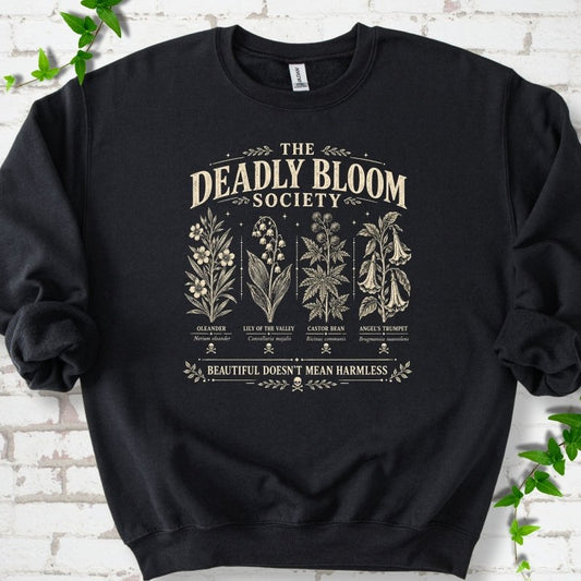 Black Gildan® 18000 crewneck sweatshirt with The Deadly Bloom Society poisonous plant design