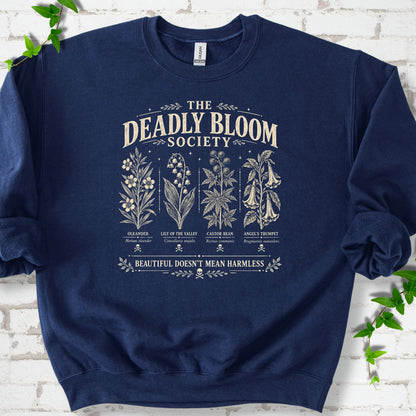Navy Gildan® 18000 crewneck sweatshirt with The Deadly Bloom Society poisonous plant design