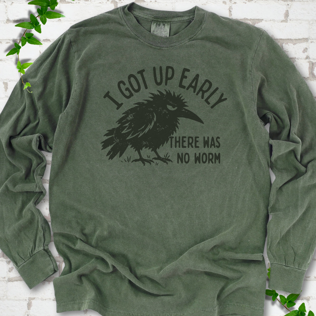 Hemp Comfort Colors® long sleeve T-shirt with black bird and I got up early, there was no worm graphic