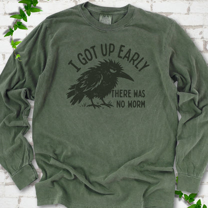 Hemp Comfort Colors® long sleeve T-shirt with black bird and I got up early, there was no worm graphic
