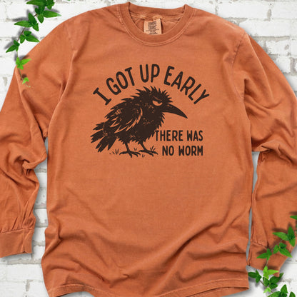 Yam Comfort Colors® long sleeve T-shirt with black bird and I got up early, there was no worm graphic