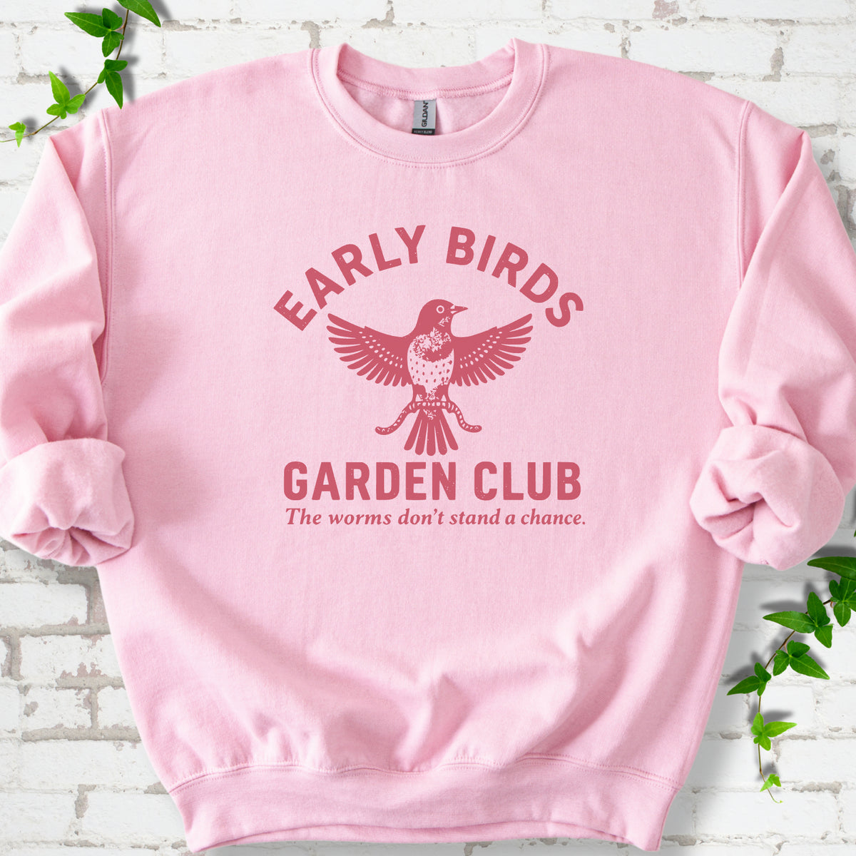 Light Pink crewneck sweatshirt laid flat on white brick with greenery. Red bird holding worms between "Early Birds" and "Garden Club" chest lettering.