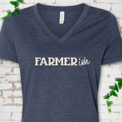 Heather Navy Bella Canvas® V-neck T-shirt front mockup featuring the distressed FARMERish typographic design.