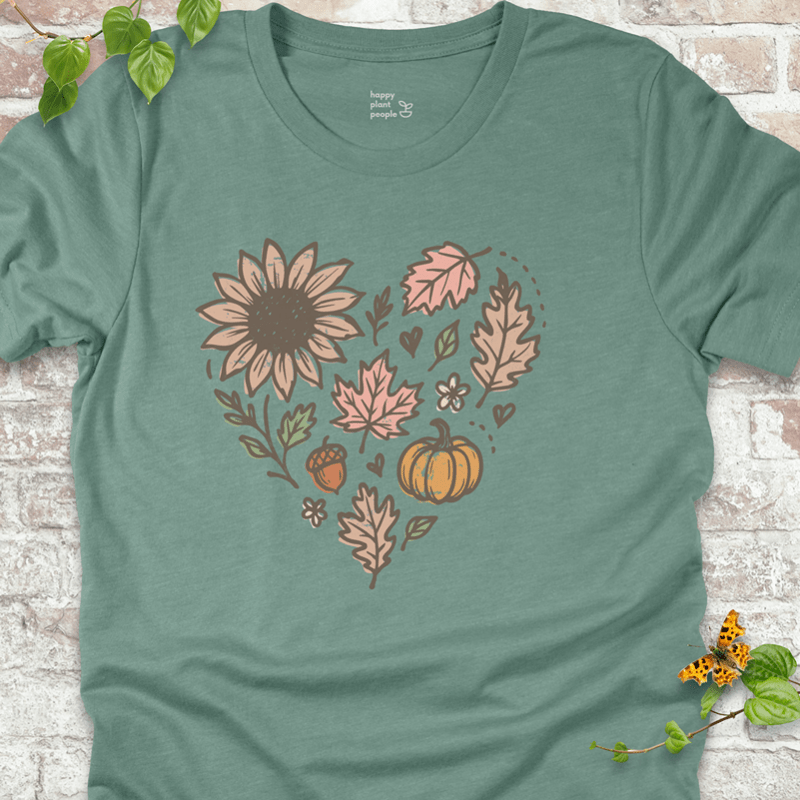 Dusty blue lightweight T-shirt with heart made of fall leaves and florals