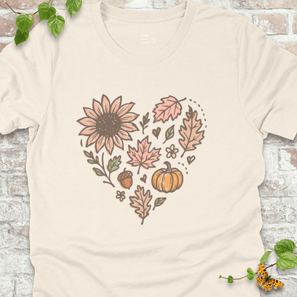 Natural lightweight T-shirt with cozy fall leaf and floral heart design

