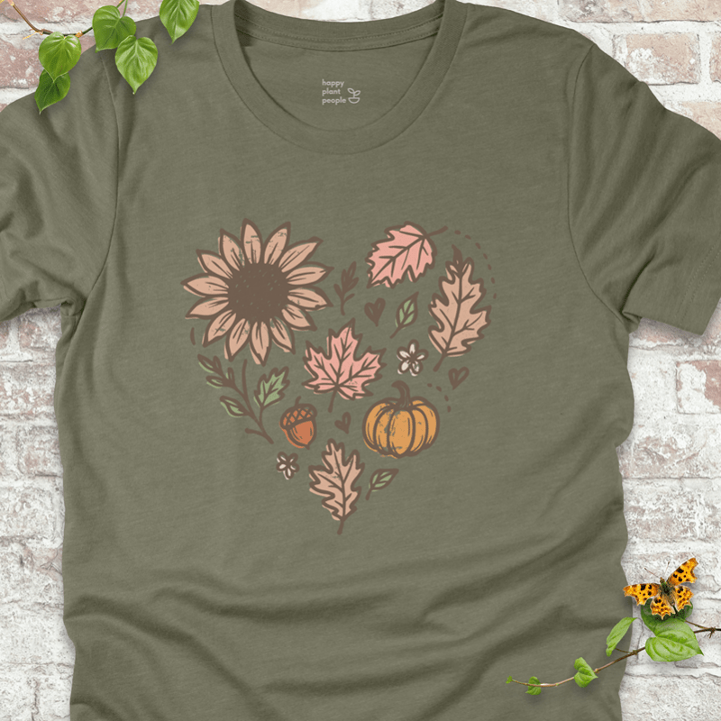 Olive lightweight T-shirt with wildflower and pumpkin heart design