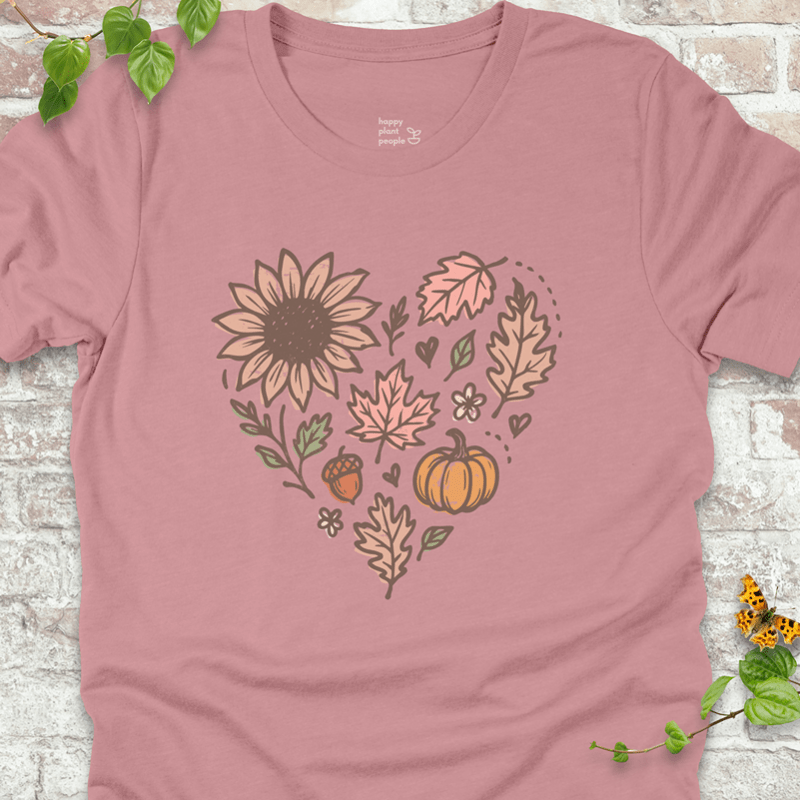 Orchid lightweight T-shirt with autumn heart of blooms and pumpkins