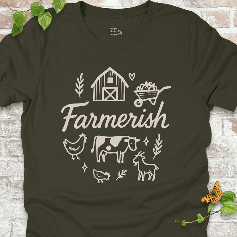 Deep olive green tee with clean white homesteading graphic. Lightweight and perfect for daily wear.