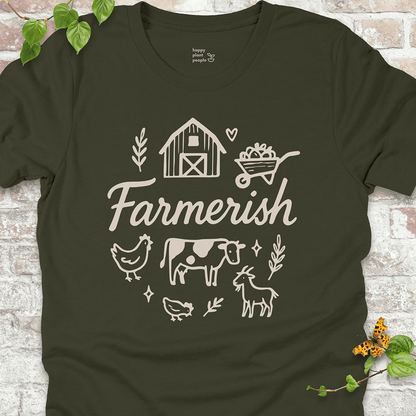 Deep olive green tee with clean white homesteading graphic. Lightweight and perfect for daily wear.