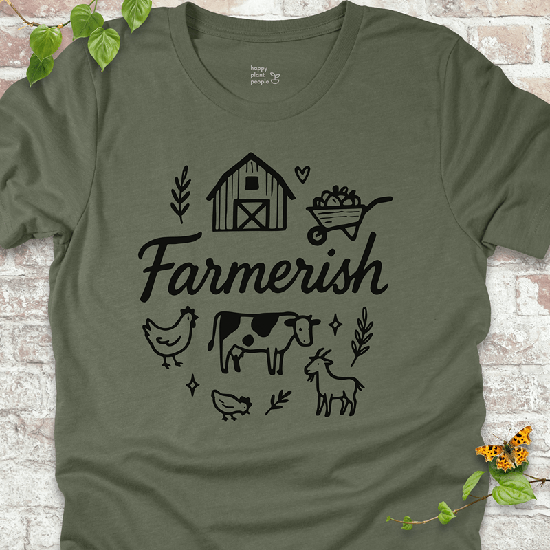Muted green Bella+Canvas T-shirt with soft white farm-themed graphic. Ideal for backyard gardeners and fall layering.