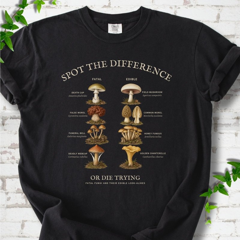 Black Comfort Colors® 1717 T-shirt flat lay with the Fatal Fungi mushroom spot-the-difference design