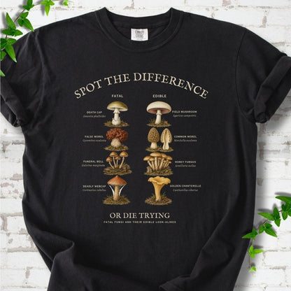 Black Comfort Colors® 1717 T-shirt flat lay with the Fatal Fungi mushroom spot-the-difference design