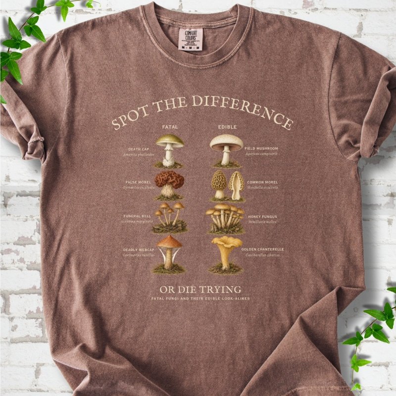 Espresso Comfort Colors® 1717 T-shirt flat lay with the Fatal Fungi mushroom spot-the-difference design
