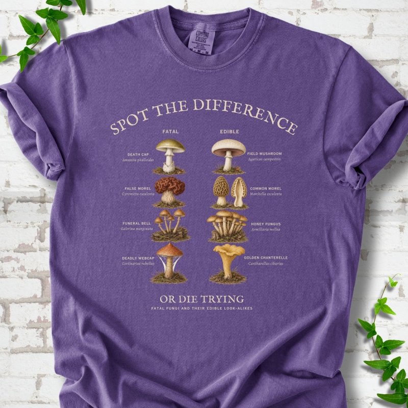 Grape Comfort Colors® 1717 T-shirt flat lay with the Fatal Fungi mushroom spot-the-difference design