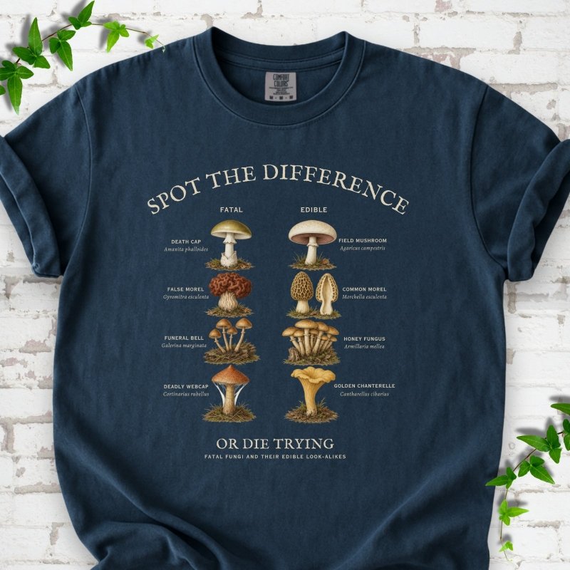 Midnight Comfort Colors® 1717 T-shirt flat lay with the Fatal Fungi mushroom spot-the-difference design
