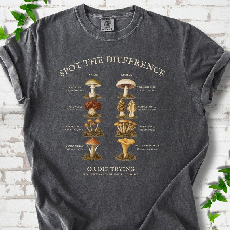 Pepper Comfort Colors® 1717 T-shirt flat lay with the Fatal Fungi mushroom spot-the-difference design
