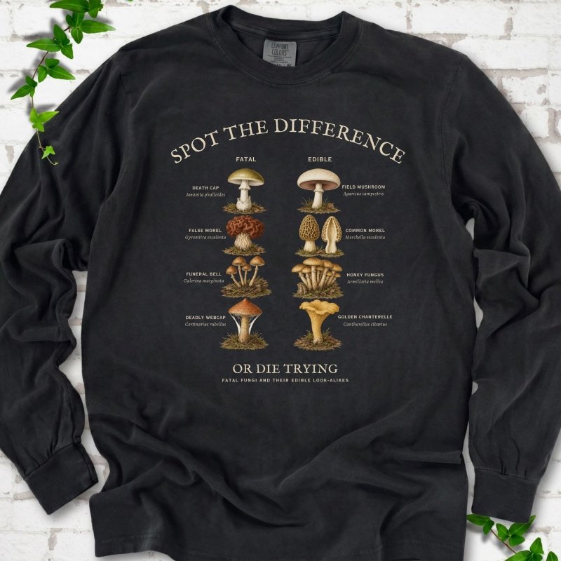 Black Comfort Colors® 6014 long sleeve T-shirt flat lay with the Fatal Fungi mushroom spot-the-difference design