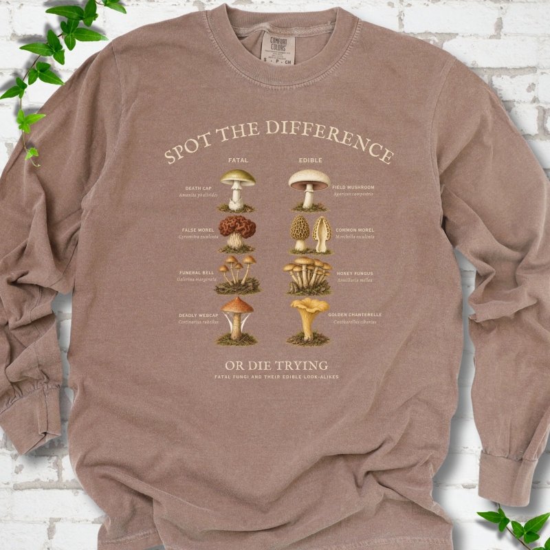 Espresso Comfort Colors® 6014 long sleeve T-shirt flat lay with the Fatal Fungi mushroom spot-the-difference design