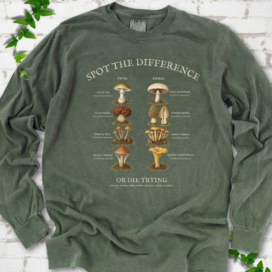 Hemp Comfort Colors® 6014 long sleeve T-shirt flat lay with the Fatal Fungi mushroom spot-the-difference design