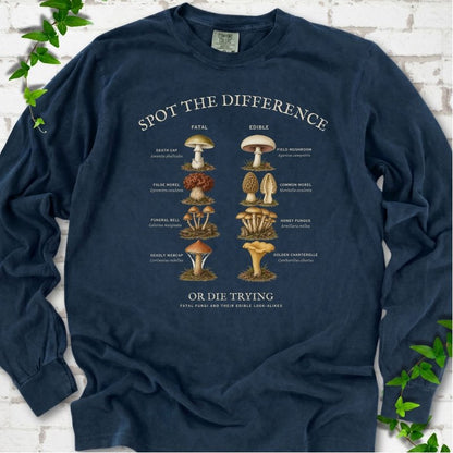 Midnight Comfort Colors® 6014 long sleeve T-shirt flat lay with the Fatal Fungi mushroom spot-the-difference design